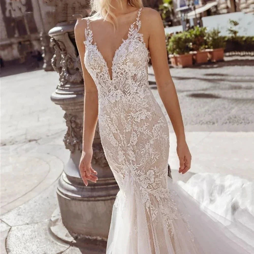 Sexy Spaghetti Straps Vestidos De Novia Lace V-Neck Mermaid Wedding Dresses Appliques Backless Vestido De Noiva by payinti