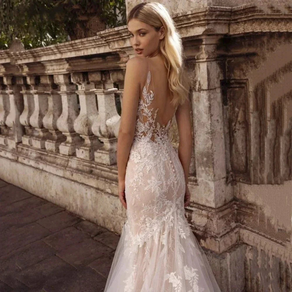 Sexy Spaghetti Straps Vestidos De Novia Lace V-Neck Mermaid Wedding Dresses Appliques Backless Vestido De Noiva by payinti