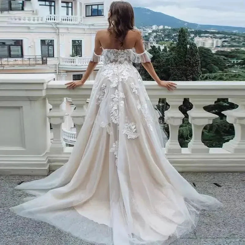 Sexy Sweetheart A Line Wedding Dresses Off Shoulder Champagne Liner Tulle Appliques Sleeveless Bridal Gowns Womens Formal 2023 by payinti