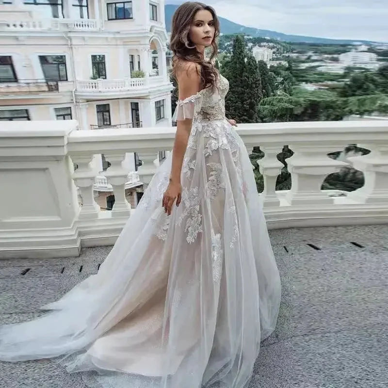 Sexy Sweetheart A Line Wedding Dresses Off Shoulder Champagne Liner Tulle Appliques Sleeveless Bridal Gowns Womens Formal 2023 by payinti