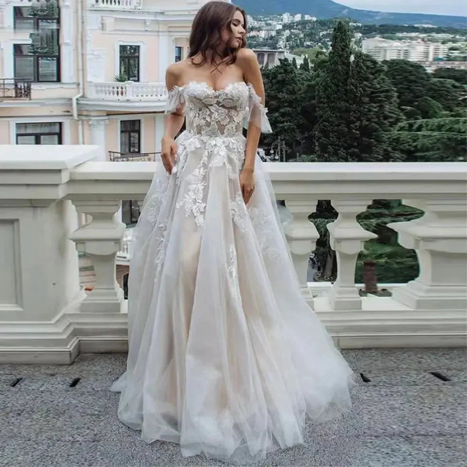 Sexy Sweetheart A Line Wedding Dresses Off Shoulder Champagne Liner Tulle Appliques Sleeveless Bridal Gowns Womens Formal 2023 by payinti