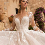 Sexy V-Neck Applique Wedding Dress Lace 2023 Illusion Long Sleeve A-Line Princess Bride Dress Bohemia Vestido De Noiva Women's by payinti