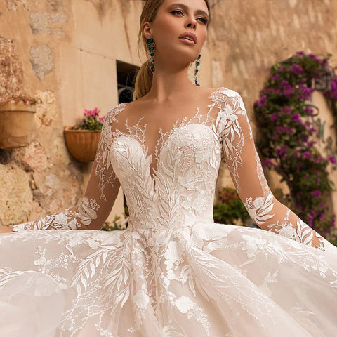 Sexy V-Neck Applique Wedding Dress Lace 2023 Illusion Long Sleeve A-Line Princess Bride Dress Bohemia Vestido De Noiva Women's
