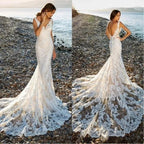 Sexy V-Neck Backless Mermaid Vestidos De Novia Appliques Vestido De Noiva Sweep Train Beach Wedding Dresses Lace Robe De Mariée