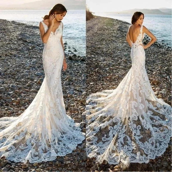 Sexy V-Neck Backless Mermaid Vestidos De Novia Appliques Vestido De Noiva Sweep Train Beach Wedding Dresses Lace Robe De Mariée by payinti