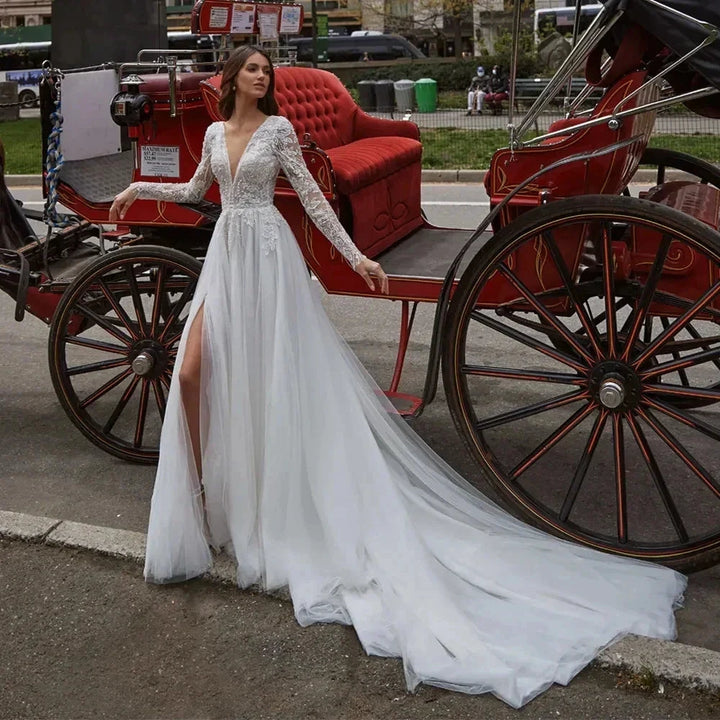 Sexy V Neck Backless Wedding Dresses Lace Long Sleeve Applique Princess Ball Gowns Fluffy A Line Side Slit formal ladies Party by payinti