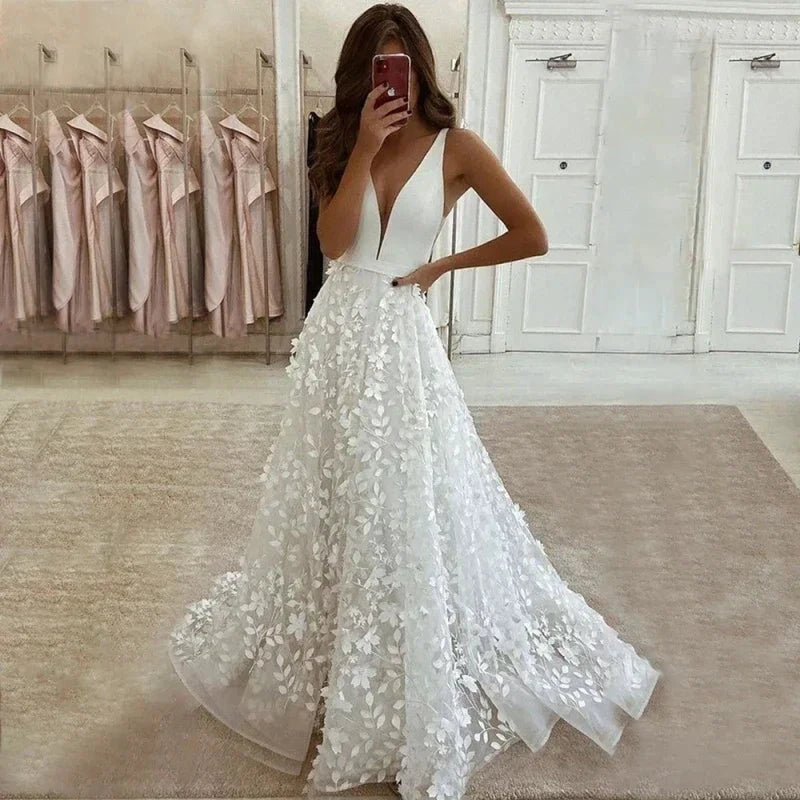 Sexy V Neck Lace Appliques A Line Wedding Dress 2023 Off the Shoulder Satin Bridal Gown Sweep Backless Floor Robe De Mariée by payinti