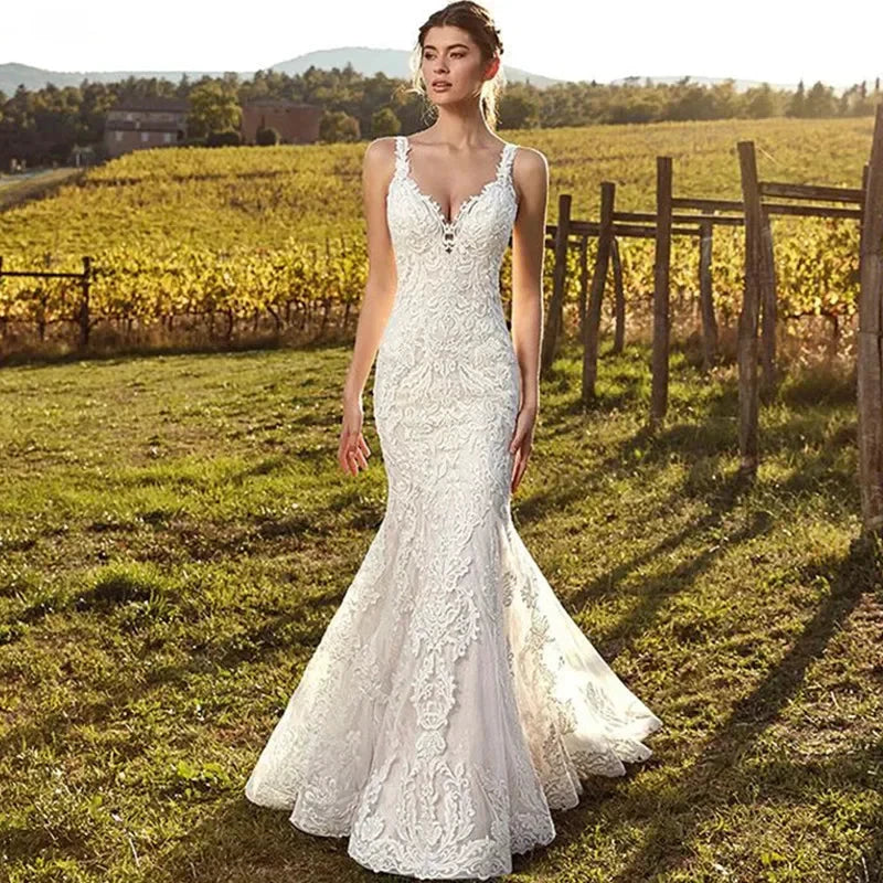 Sexy V-Neck Mermaid Wedding Dress 2023 Lace Boho Sleeveless Bride Gown Customized Buttons Pleats Illusion Back Vestido De Novia by payinti