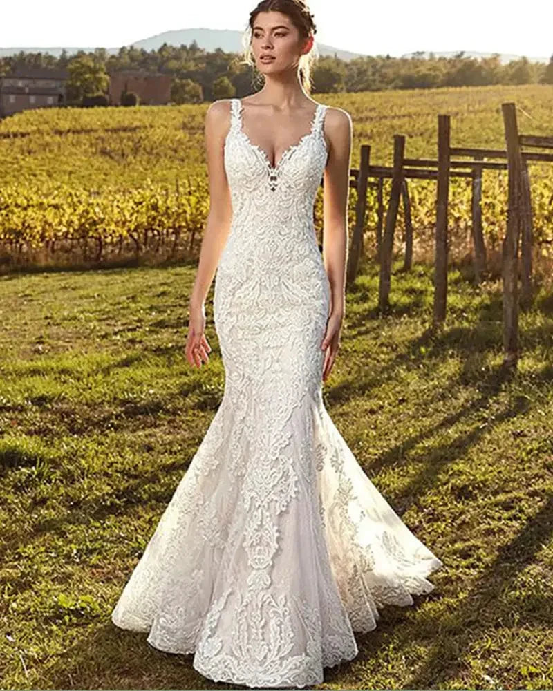 Sexy V-Neck Mermaid Wedding Dress 2023 Lace Boho Sleeveless Bride Gown Customized Buttons Pleats Illusion Back Vestido De Novia by payinti