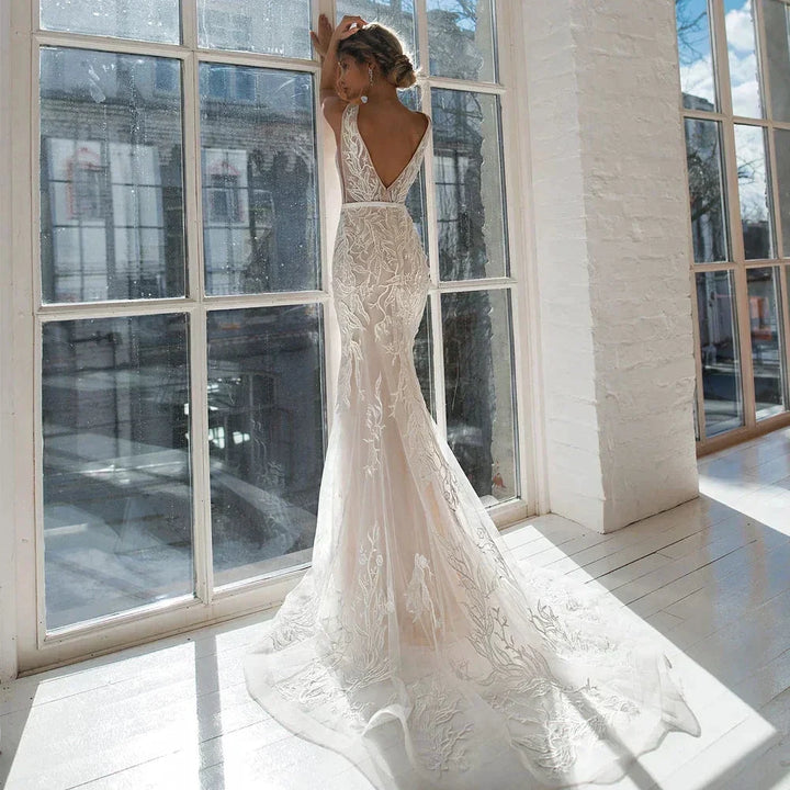 Sexy V-Neck Wedding Dresses Mermaid With Sashes Sleeveless Backless Lace Applique Bridal Gowns 2022 Custom Made Vestido De Noiva by payinti