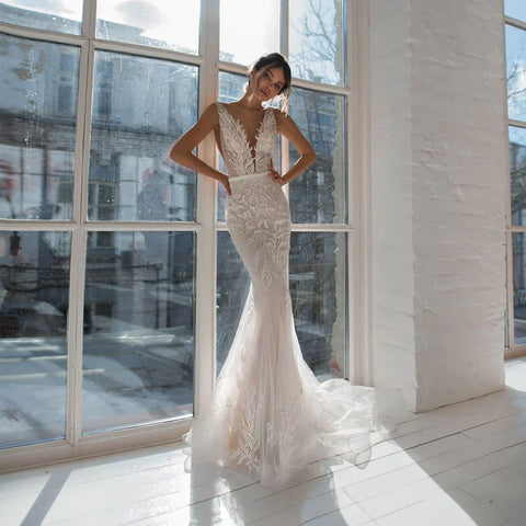 Sexy V-Neck Wedding Dresses Mermaid With Sashes Sleeveless Backless Lace Applique Bridal Gowns 2022 Custom Made Vestido De Noiva