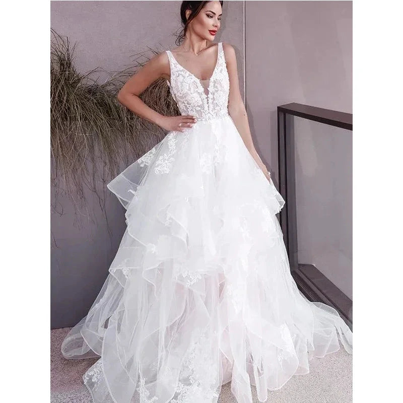 Sexy V-neck Double Shoulder Wedding Dresses White Sleeveless Bohemian Formal Beach Wedding Party Bridal Gowns 2023 Backless Robe by payinti