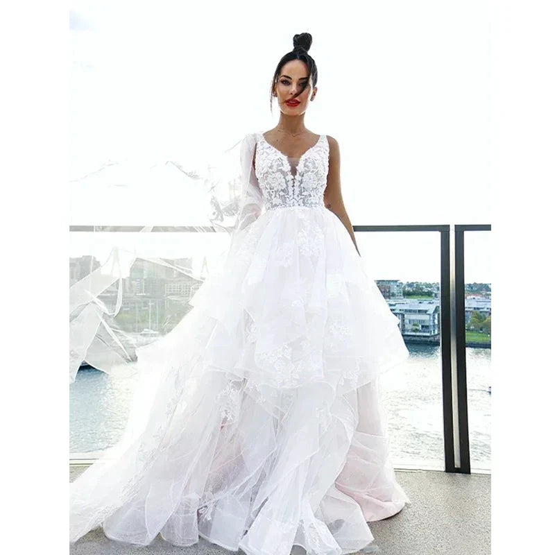 Sexy V-neck Double Shoulder Wedding Dresses White Sleeveless Bohemian Formal Beach Wedding Party Bridal Gowns 2023 Backless Robe by payinti