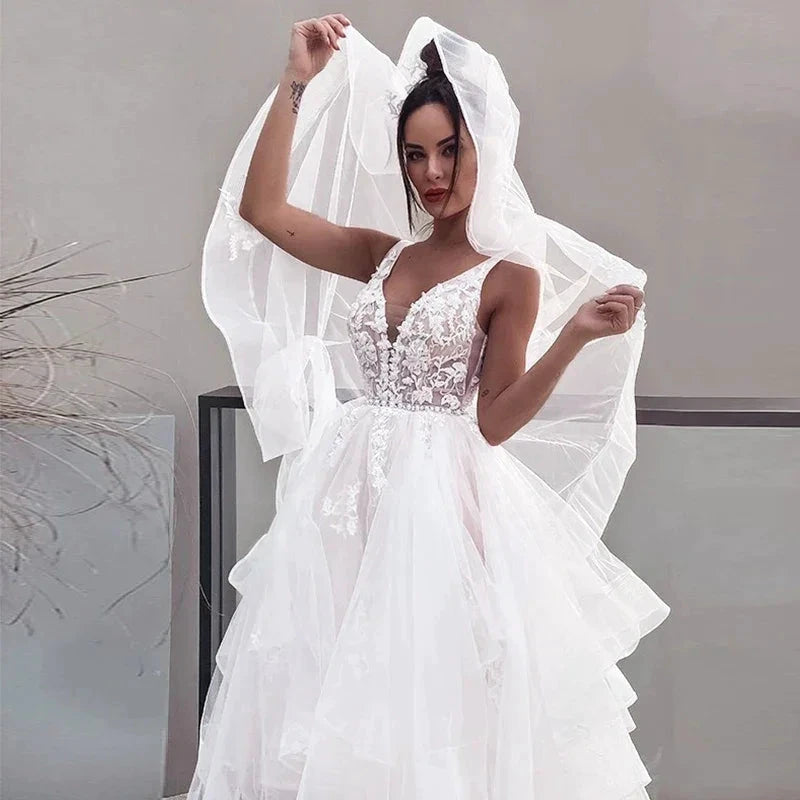 Sexy V-neck Double Shoulder Wedding Dresses White Sleeveless Bohemian Formal Beach Wedding Party Bridal Gowns 2023 Backless Robe by payinti