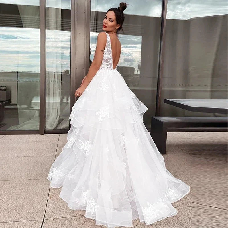 Sexy V-neck Double Shoulder Wedding Dresses White Sleeveless Bohemian Formal Beach Wedding Party Bridal Gowns 2023 Backless Robe by payinti