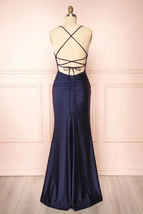 Sexy Halter Navy Blue Wedding Guest Dress Sleeveless With Split by MyChicDress