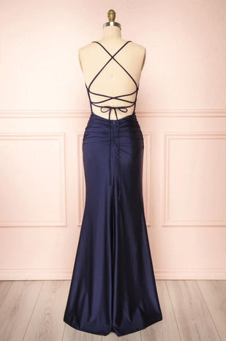 Vestido de novia azul marino sexy con cuello halter y abertura sin mangas