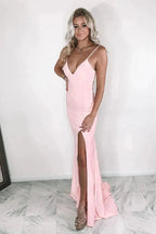 V Neck Mermaid Pink Prom Dress With Slit SYP108 by vivymakudress