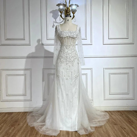 Vestido de noche de lujo color caramelo con mangas largas y sobrefalda LA72014