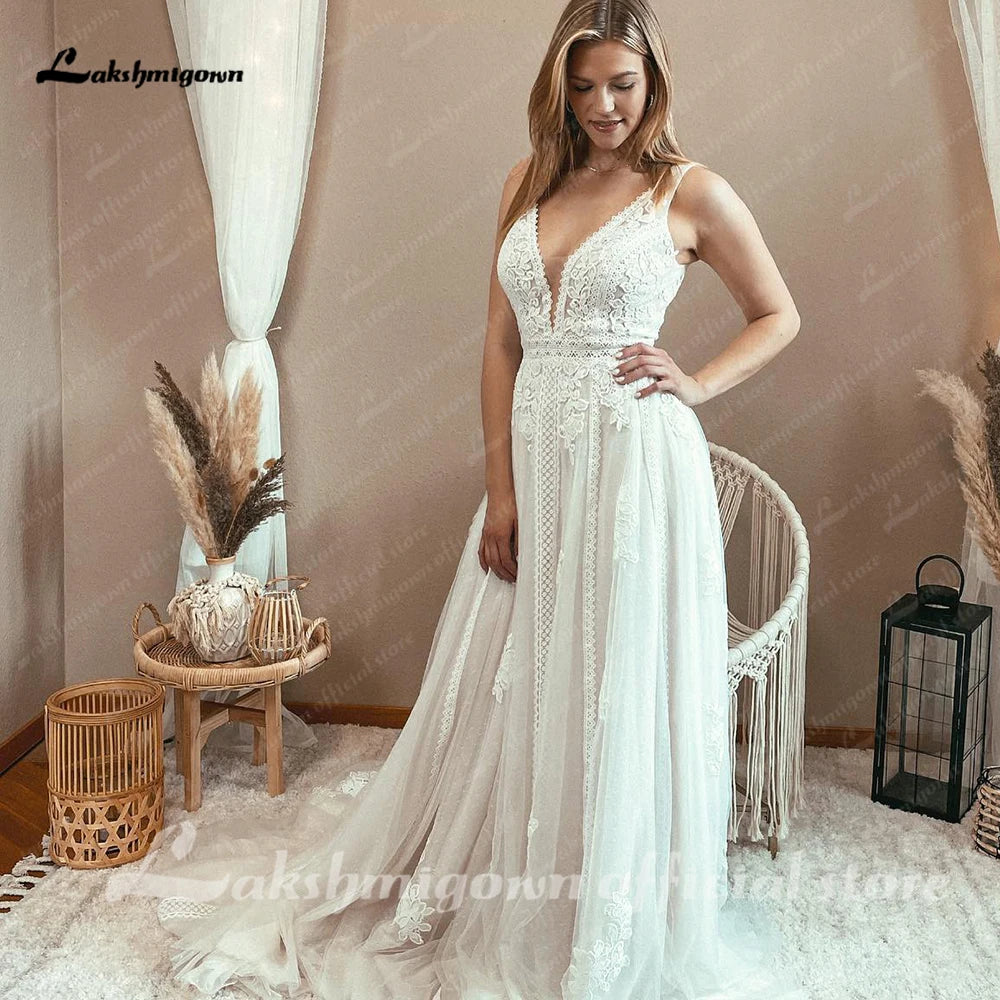 ZapDress Boho Lace Applique Elegant Plunging V Modest Wedding Dress Women Beach Robe De Mariage Bride Gowns