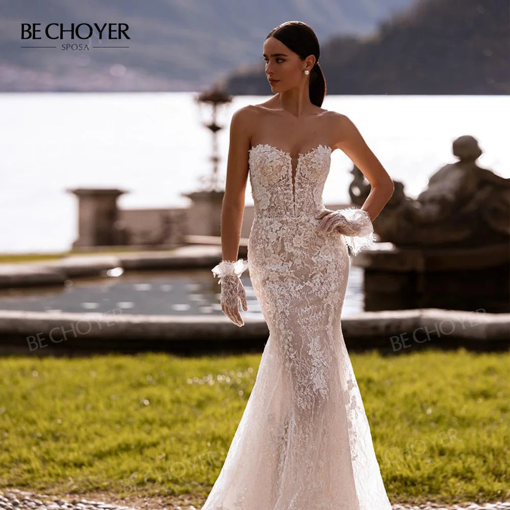 Sleeveless Mermaid Wedding Dress 2026 Sweetheart Lace Backless Bride Gown Princess BECHOYER RY147 Customized Vestido De Noiva