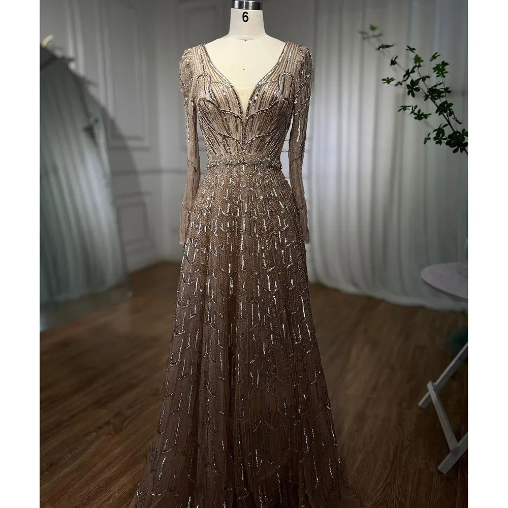 Zapdress Customized Turquoise Muslim Long Sleeve A Line V-Neck Evening Dresses Beaded Party Gowns For Women 2025 (ZD17333)