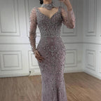 Serene Hill Customized Turquoise Evening Dresses with Neck Lace 2026 Long Sleeves Mermaid Beaded Elegant Party Gowns DLA73042B