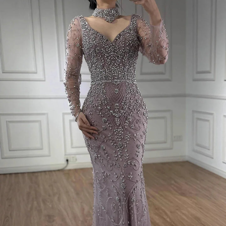 Serene Hill Customized Turquoise Evening Dresses with Neck Lace 2026 Long Sleeves Mermaid Beaded Elegant Party Gowns DLA73042B