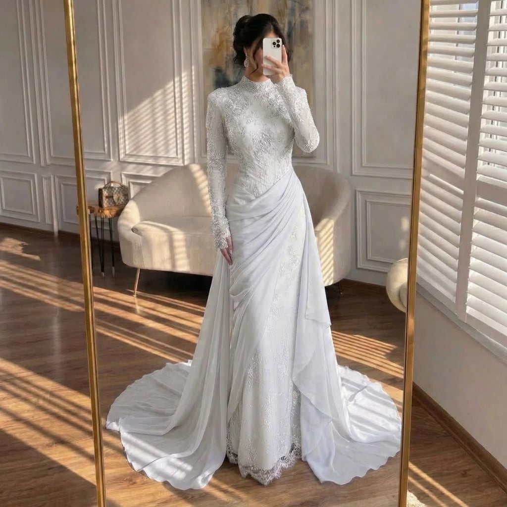 Serene Hill Customized Wine Red Mermaid Evening Dresses with Wrap Skirt High-End Lace Formal Party Gowns for Women DLA73407