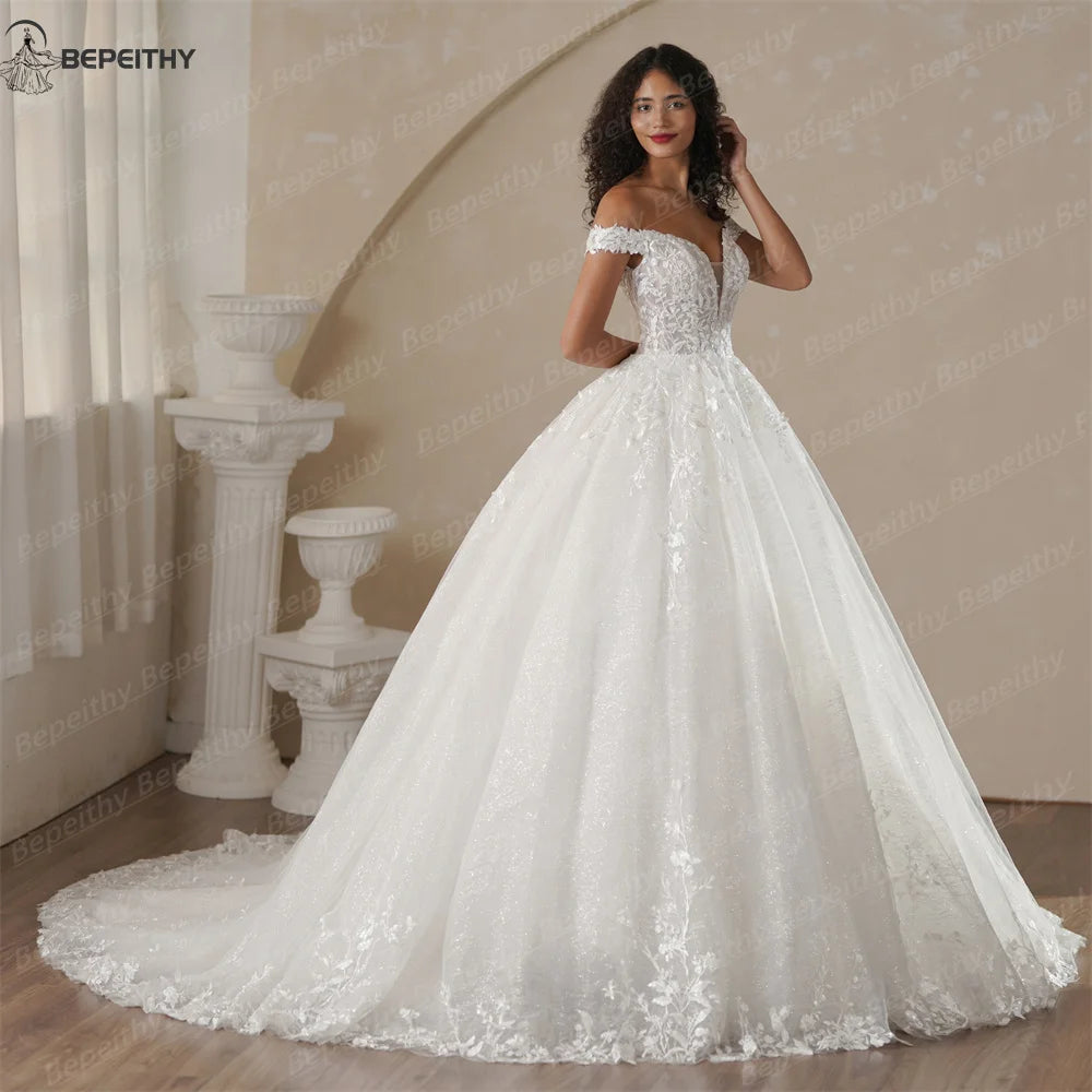 BEPEITHY Customized Off The Shoulder Lace Wedding Dresses For Women 2025 Glitter Bride Ivory Bridal Gown Vestidos De Novia Boda
