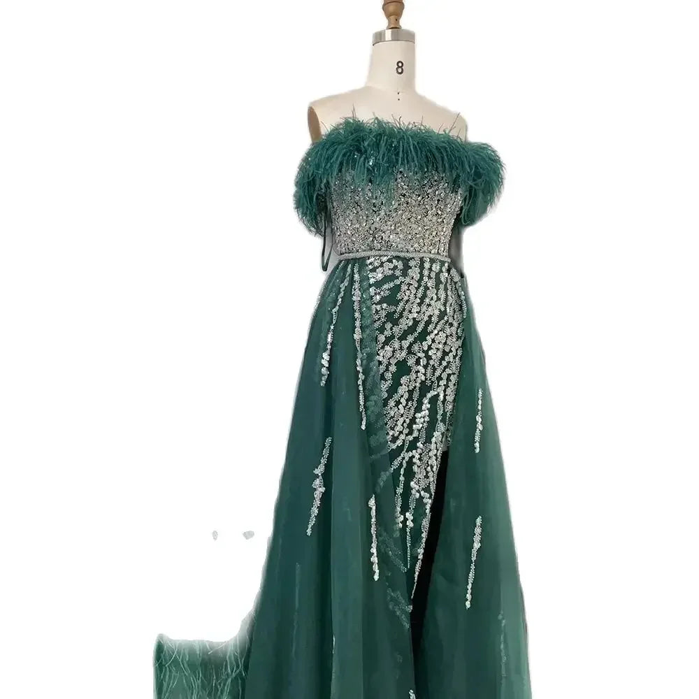 Serene Hill Yellow Feathers Beaded Mermaid Evening Dresses with Overskirt Side Slit Party Gowns for Women DLA72061 Customized