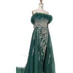 Serene Hill Yellow Feathers Beaded Mermaid Evening Dresses with Overskirt Side Slit Party Gowns for Women DLA72061 Customized