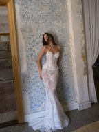 New Sequined Lace Corset Wedding Dress Illusion Vneck Mermaid Bridal Gown Customized Charming Floor-length Dresses For Bride