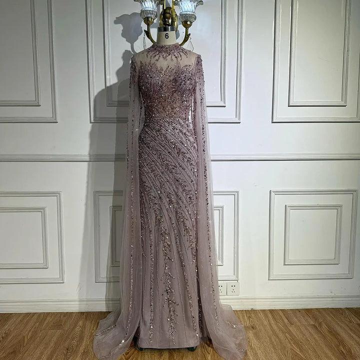 Serene Hill Customized Caramel Mermaid Beaded Cape Sleeves Evening Dresses 2024 Dubai Party Gowns for Women Wedding DLA71885A