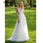 ZapDress Bohemian Spaghetti Straps A-Line Wedding Dress Lace Appliques V-Neck Tulle Open Back Bridal Dress Customized