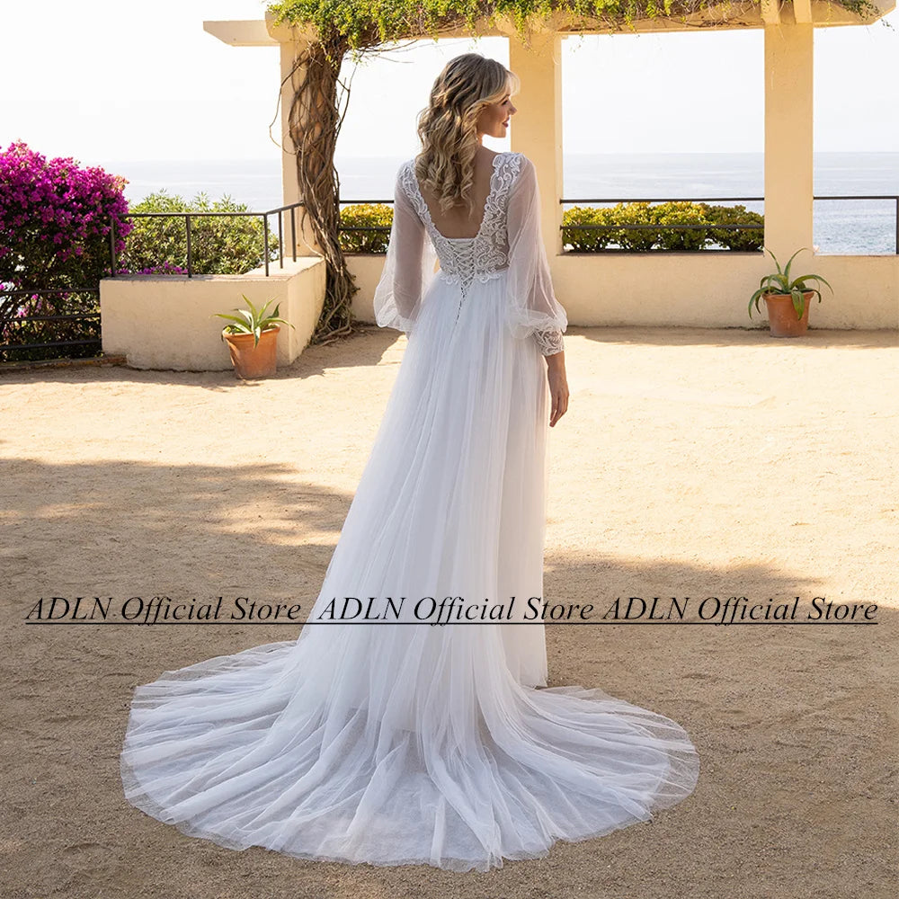 White Ivory Wedding Dress for Pregnant Bride Customized Puff Sleeve V Neck See Through Empire Bridal Gown Lace-up Robe De Mariee