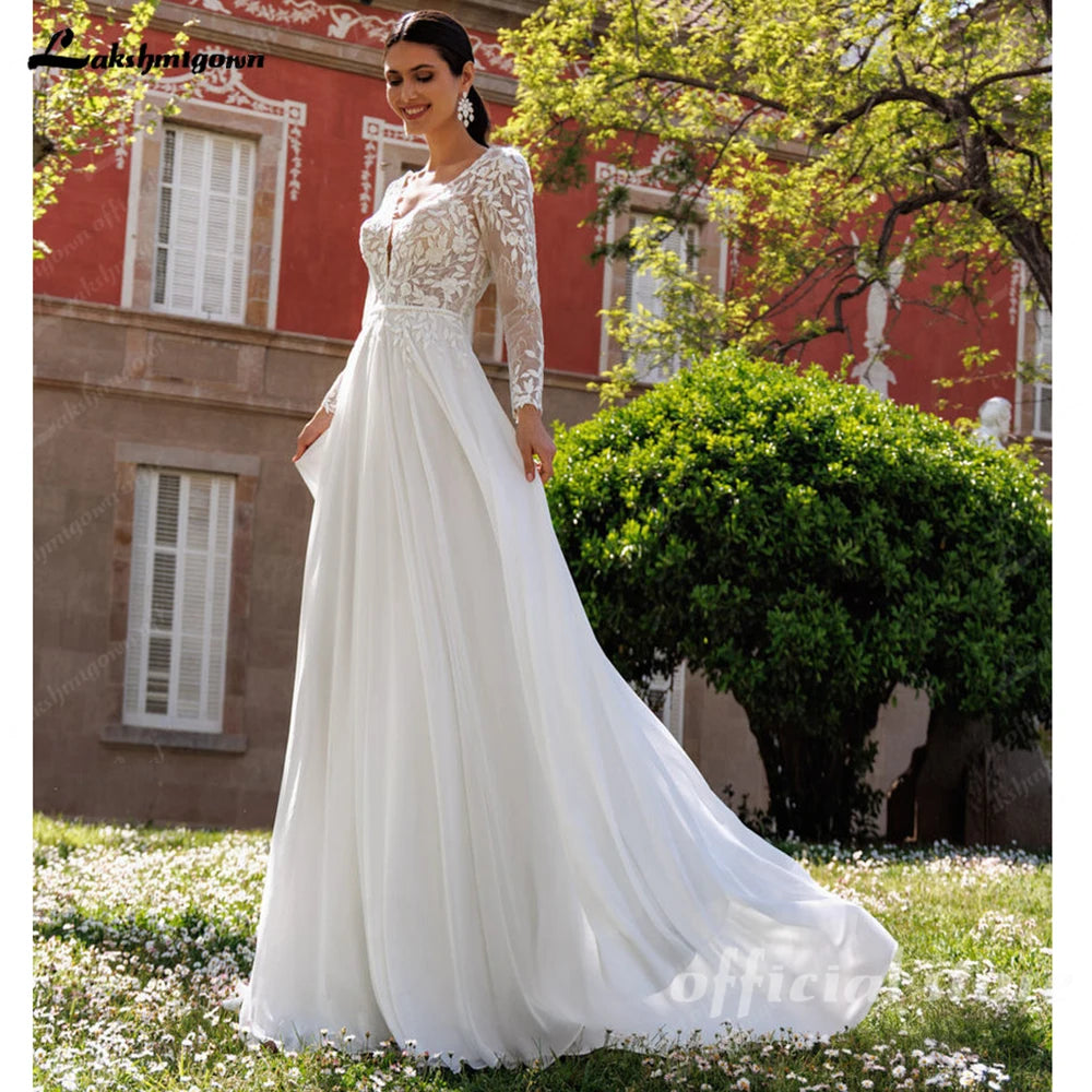 ZapDress Lace V-Neck Chiffon Wedding Dress for Women A-Line Sweep Train Backless Vestidos De Novia  Customized