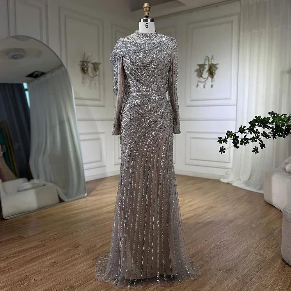 Zapdress 2025 Muslim-inspired Silver Nude Beaded Sparkle Elegant Mermaid Evening Dresses Gowns for Party DLA70752H Customized (ZD17353)