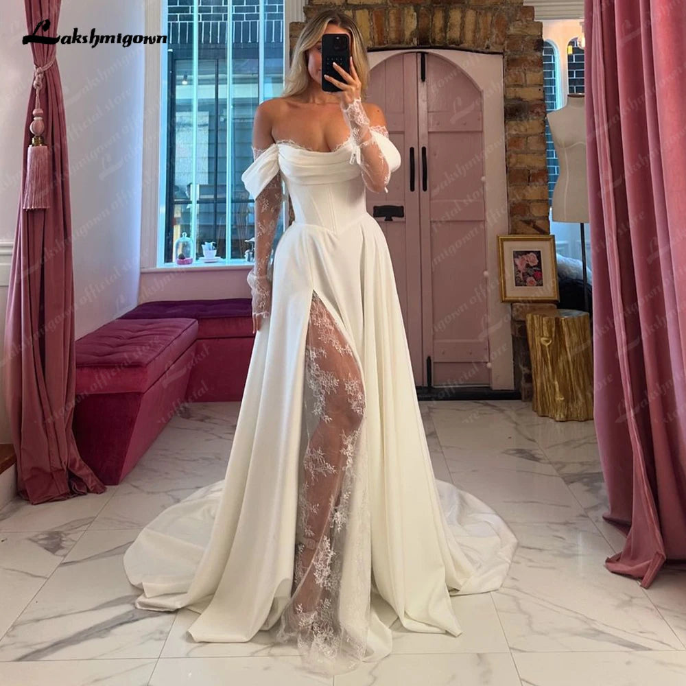 ZapDress Off The Shoulder Pleat Satin Wedding Dresses Customized Long Sleeves A-Line Bridal Gowns Sweep Train Bridal Dresses