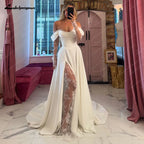 ZapDress Off The Shoulder Pleat Satin Wedding Dresses Customized Long Sleeves A-Line Bridal Gowns Sweep Train Bridal Dresses