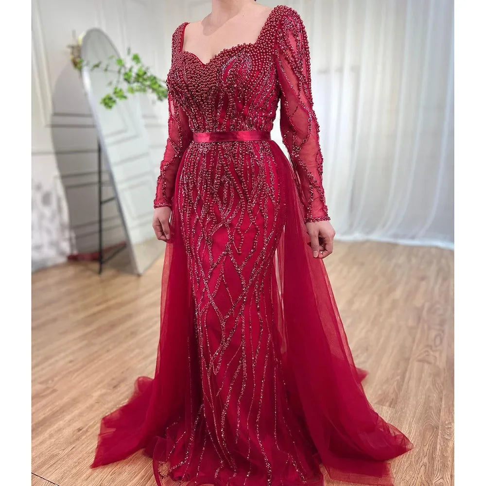 Zapdress Customized Blue Long Sleeves Mermaid Pearls Beaded Evening Dresses Elegant Party Gowns For Women Wedding (ZD17374)