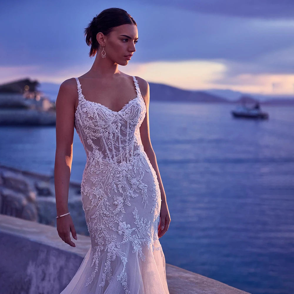 Customized Sweetheart Lace Appliques Sleeveless Mermaid Evening Gowns Backless Zipper Wedding Dress vestidos de novia