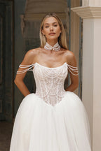 Kyoto Customized White Off-the-Shoulder Pearl Chain Wedding Dress A-Line Lace-Up vestidos de noche Court Train robe de mariée