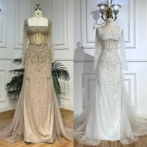 Vestido de noche de lujo color caramelo con mangas largas y sobrefalda LA72014
