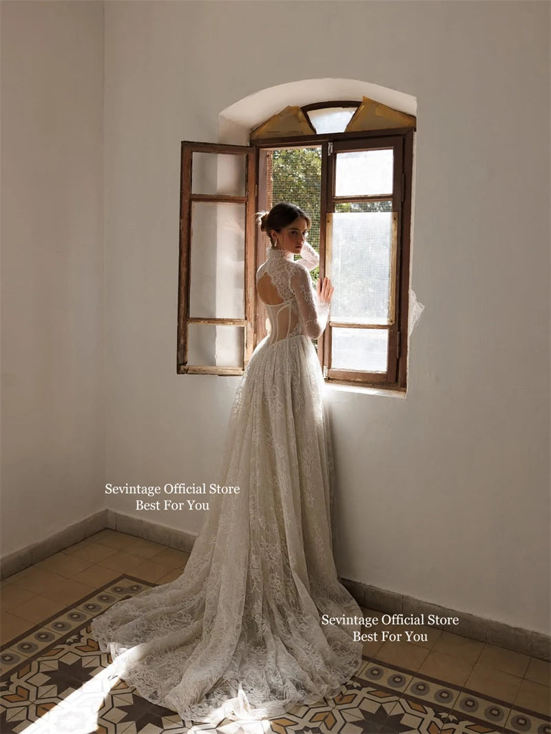 Sevintage Full Lace Ivory Wedding Dresses High Collar Long Sleeves Bridal Gowns Floor Length A-Line Wedding Gowns 2025 Customize