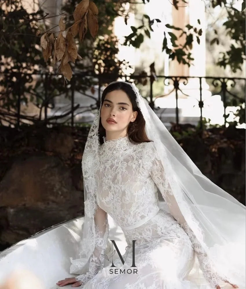 Semor Exquisite Lace High Neck Full Sleeve Wedding Dress Customized 2026 Trumpet Lace Applique Long Robe De Mariée Sweep Train