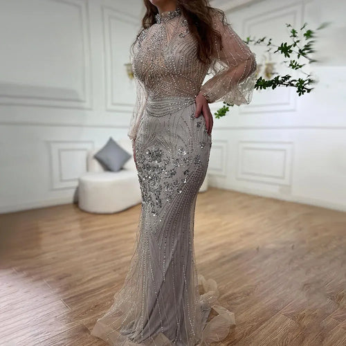 Zapdress Customized Silver Beaded Mermaid Evening Dresses 2025 Full Sleeves Elegant Party Gowns For Women (ZD17179)