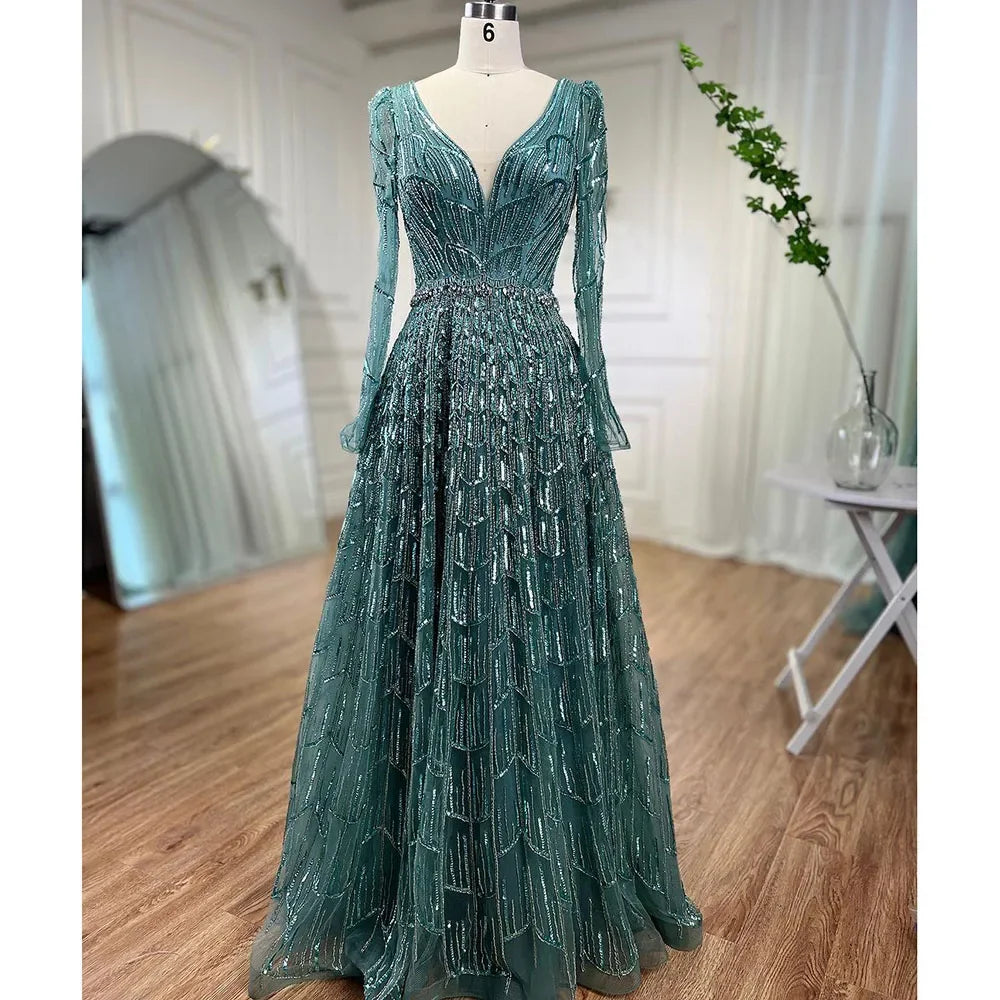 Zapdress Customized Turquoise Muslim Long Sleeve A Line V-Neck Evening Dresses Beaded Party Gowns For Women 2025 (ZD17333)