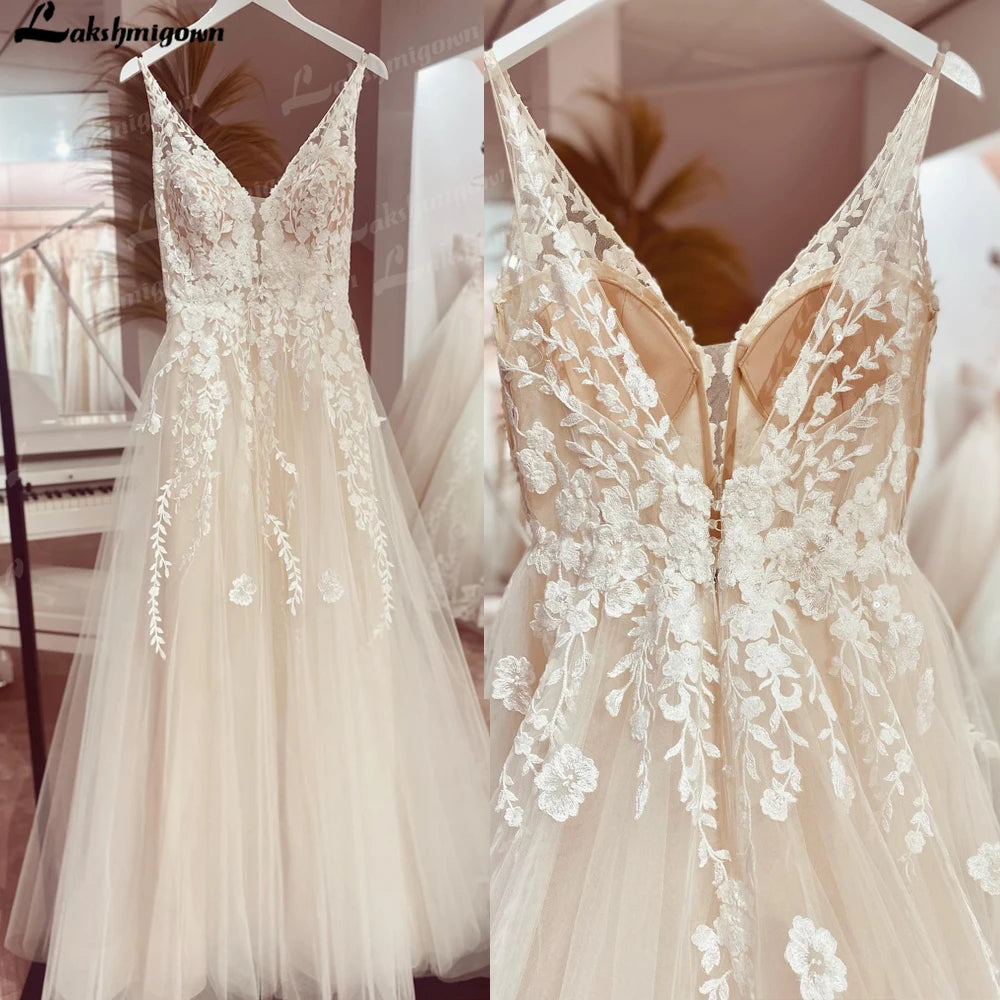 ZapDress V neck Tulle Boho Wedding Dresses Customized Lace Appliques A Line Bridal Gown Sukienka Open Back Wedding Gowns