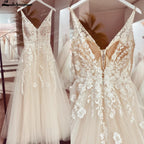 ZapDress V neck Tulle Boho Wedding Dresses Customized Lace Appliques A Line Bridal Gown Sukienka Open Back Wedding Gowns